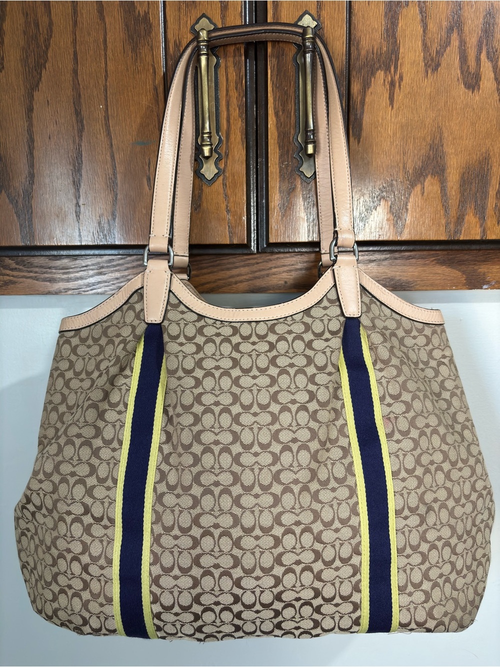 Coach Slouchy Brown Canvas Hobo Tote Purse Leather Trim Navy Yellow Stripes - Picture 5 of 16